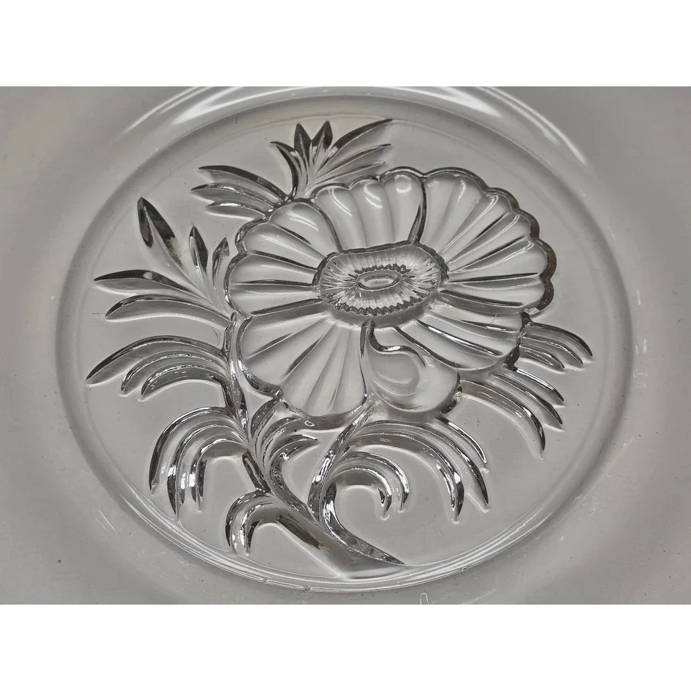 Vintage Clear Glass Cake Plate Gold Rim Embossed‎ Floral Dahlia Platter 13.5in